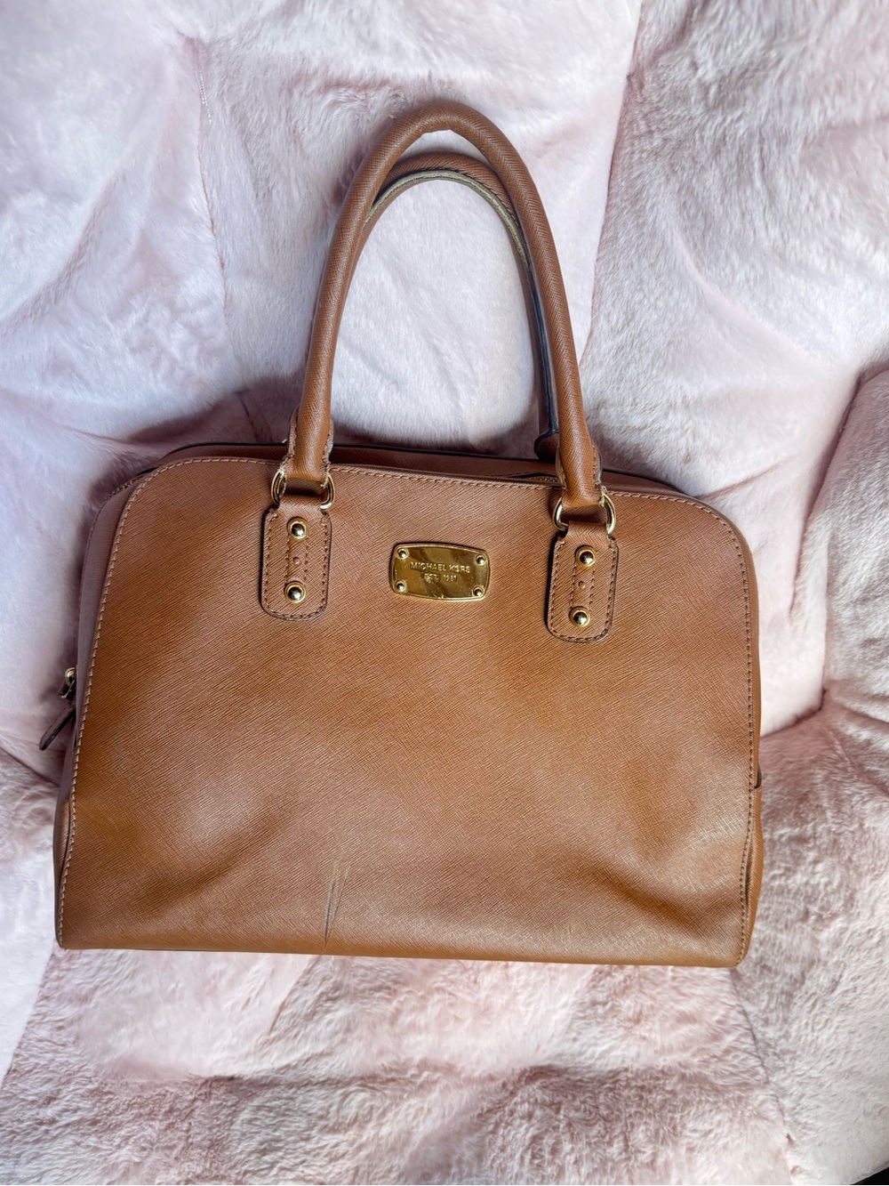 Michael Kors Classic Tan Saffiano Satchel Bag with Gold Hardware
